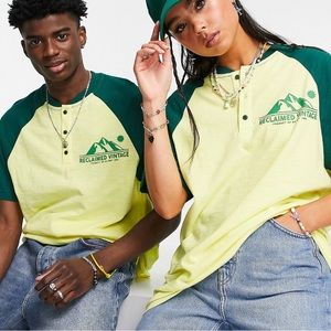 ASOS | Reclaimed Vintage Inspired unisex raglan tshirt button placket beach logo